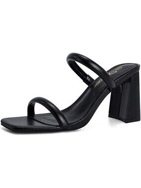 Women's Black Square Open Toe Sandals Two Strap Mules Slip On Block Chunky Heel